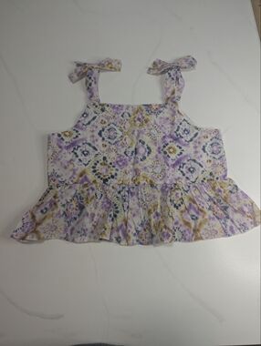 Mango Kids Melinda Ikat Print Bow Strap Ruffle Hem Cotton Top Girls Size 11years